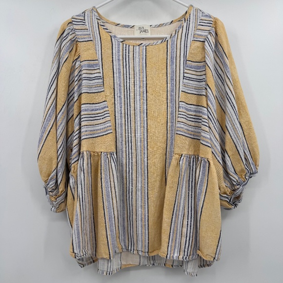 Ava James Top Women 2X Yellow Blue Striped Linen Cotton Blend Short Puff Sleeves - Picture 1 of 12